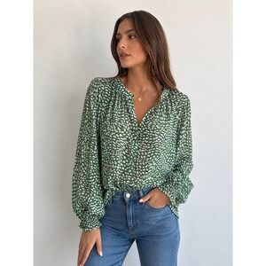 Chicos Womens 2 lg Green White Mosaic Geometric Split Neck Balloon Sleeve Blouse